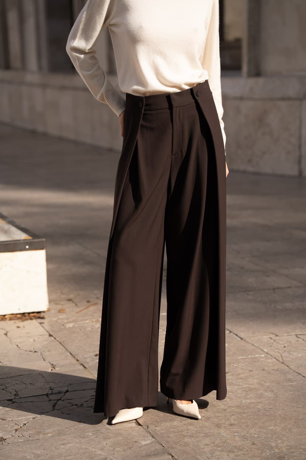 PANTALON PALAZZO À PLIS  MARRON
