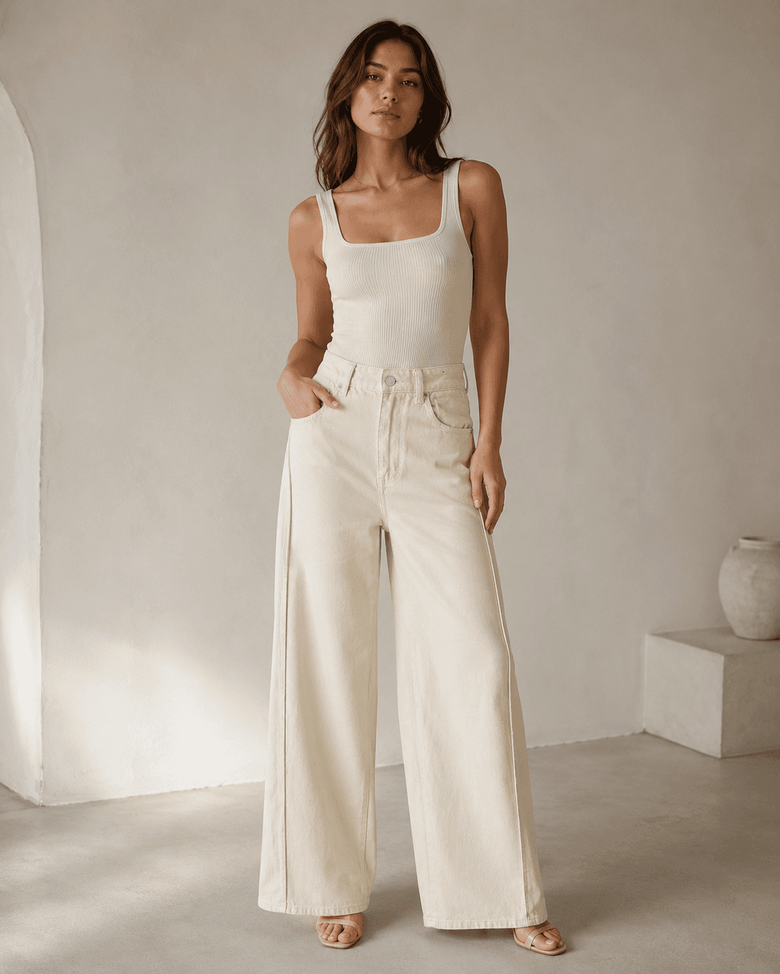 JEAN WIDE LEG ÉCRU TAILLE HAUTE 