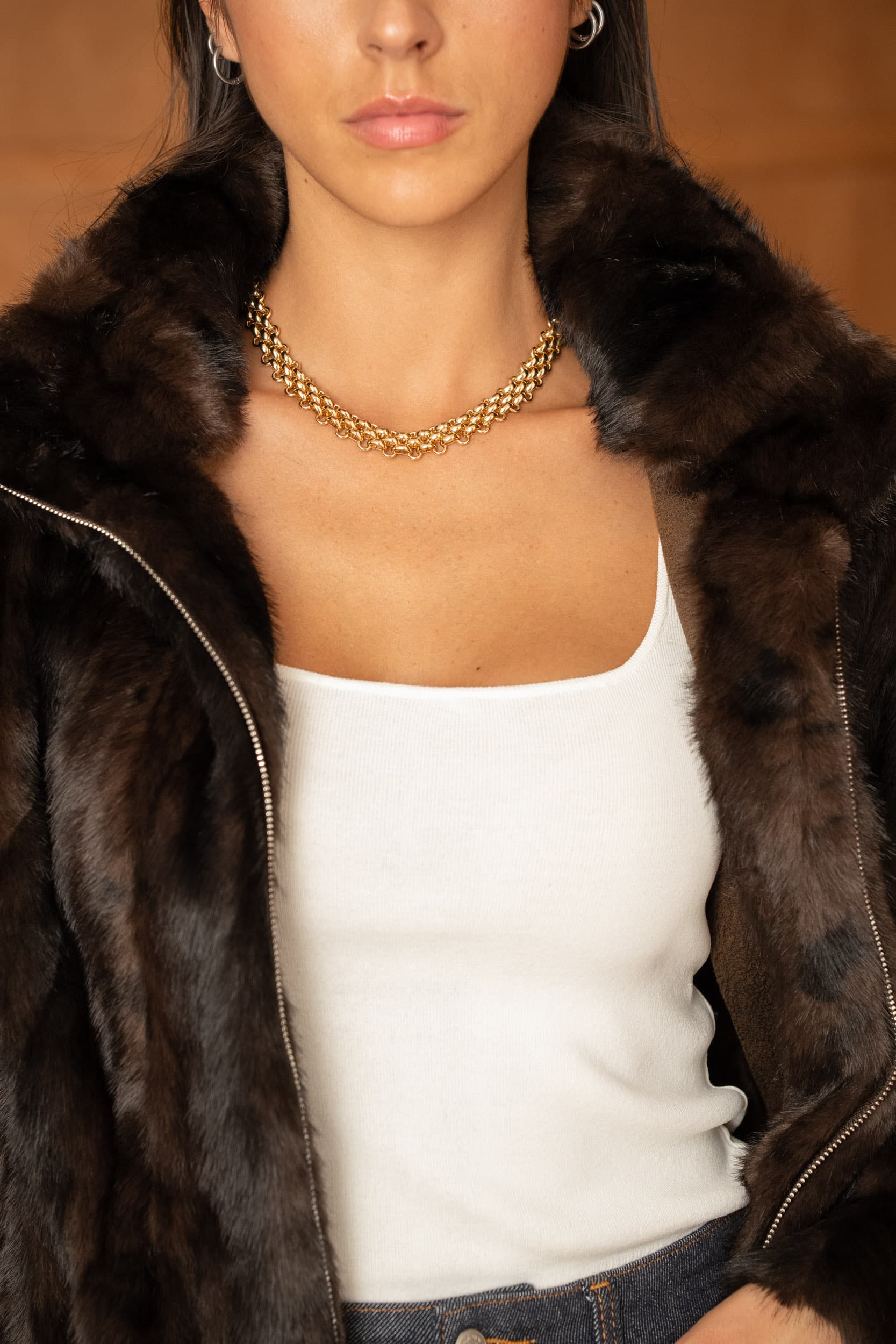 Veste en fausse fourrure effet vison zippée marron