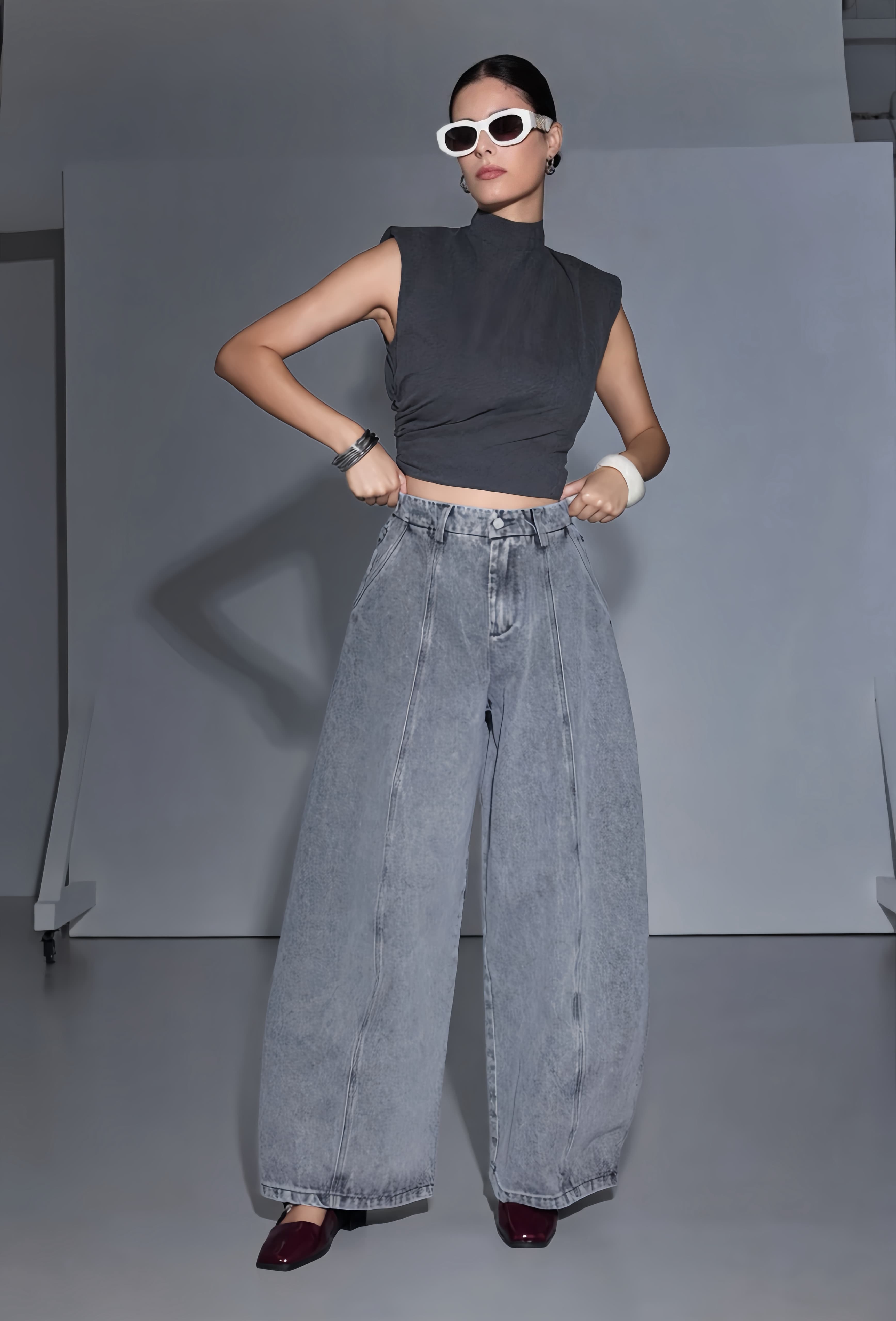 JEAN WIDE LEG À SURPIQÛRES 