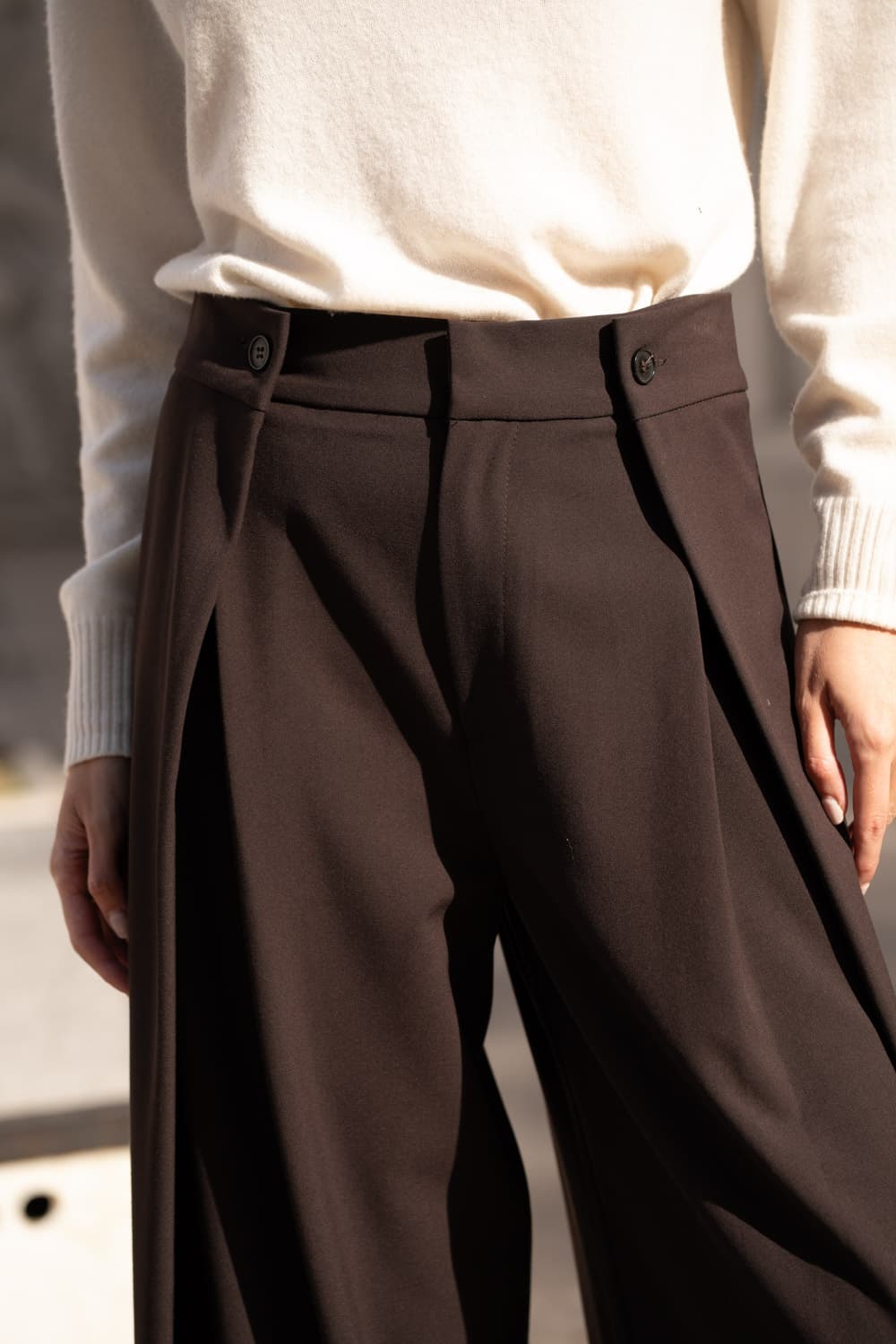 PANTALON PALAZZO À PLIS  MARRON