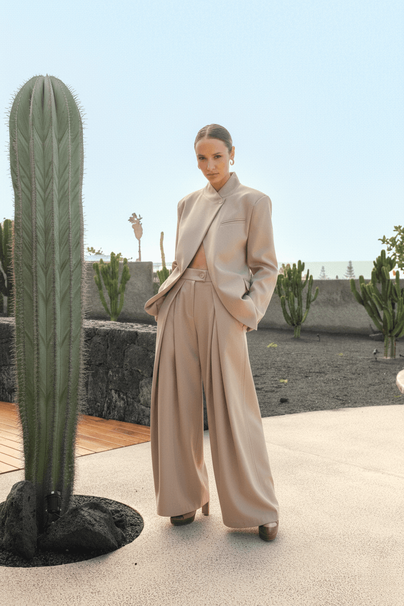 PANTALON WIDE LEG A PLIS TAUPE