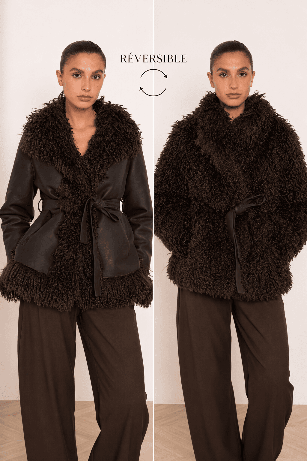 Veste réversible effet cuir et fourrure